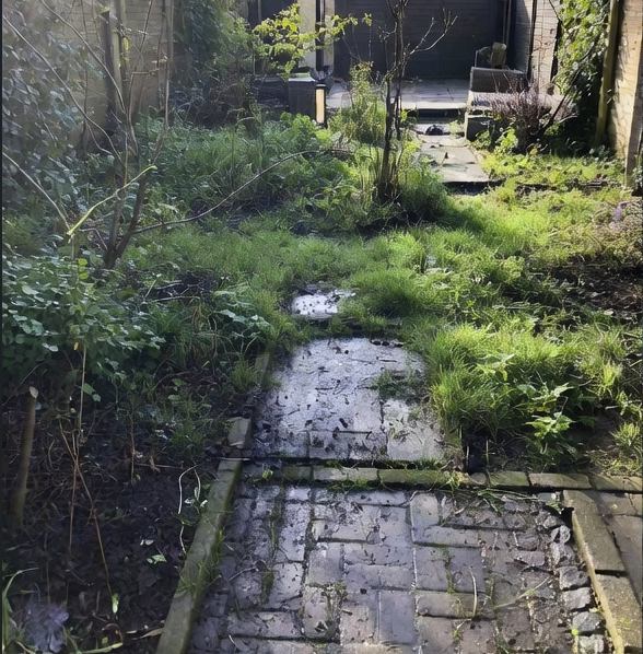 Verwilderde achtertuin met overwoekerd gras en een oud, verzakt en nat tegelpad voor de herinrichting