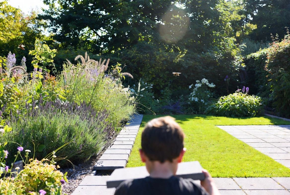 Tuin met een groene border vol lavendel, siergrassen en bloemen naast een terras, waar tegels plaatsmaken voor beplanting