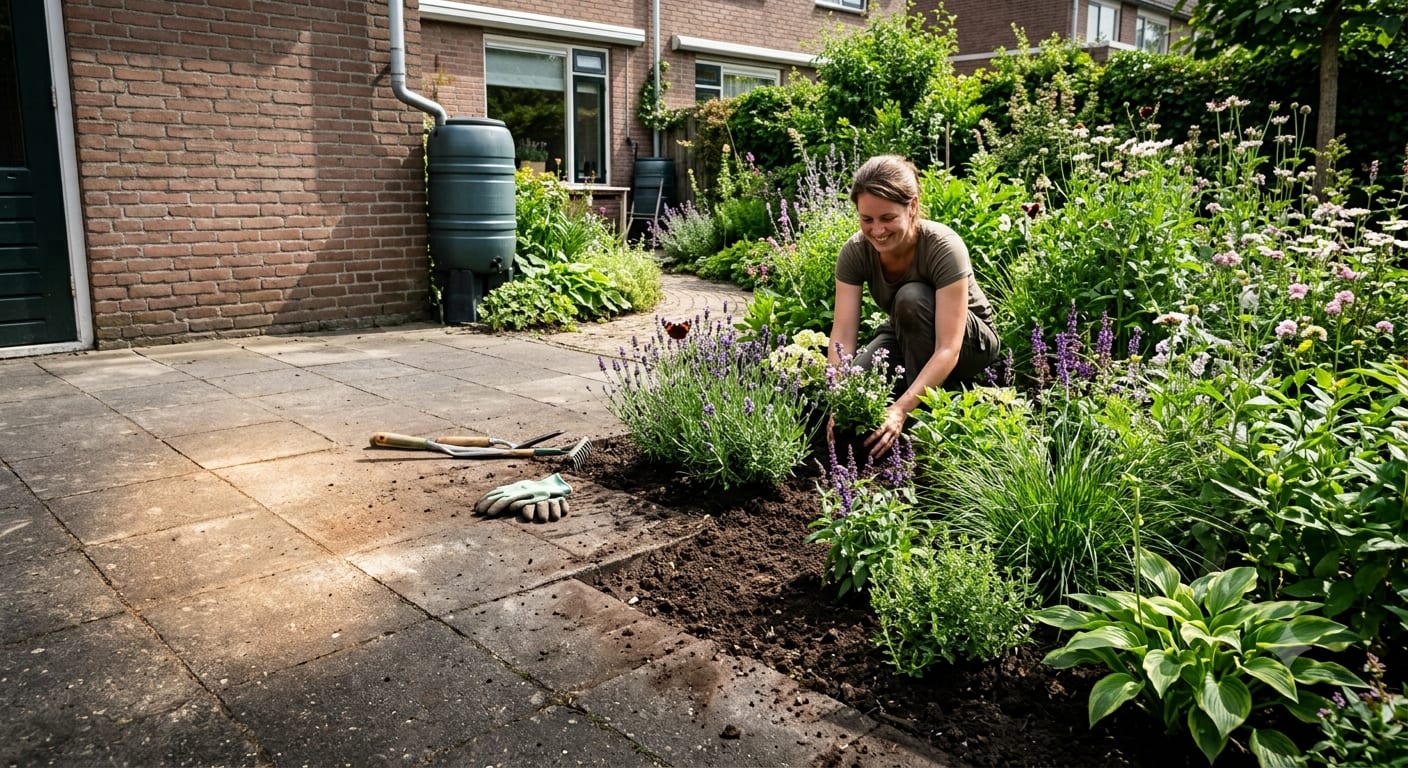 Tuin waar grijze tegels plaatsmaken voor groen: links de bestrating met tuingereedschap en handschoenen, rechts een volle border met lavendel, siergrassen en hosta's waar iemand knielt om planten te zetten